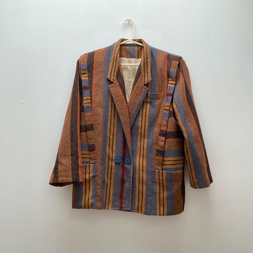 Vintage - Bohemian 1970 Striped Blazer with Blue Buttons